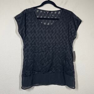 Ella Moss Womens Size XS Chevron Sheer Top Blouse Black Crew Neck Short Sleeves